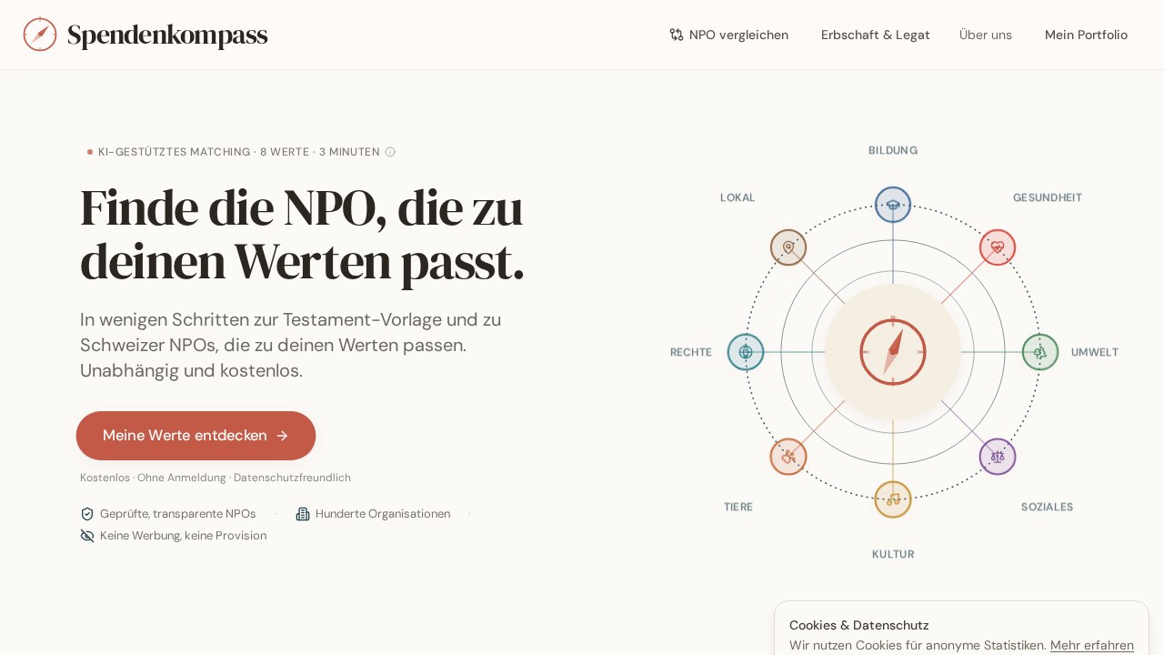 Startseite von Spendenkompass.ch mit Werte-Kompass